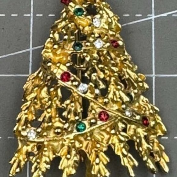 Eisenberg Ice Gold Christmas Tree Brooch Pin With Rhinestones - Picture 1 of 4